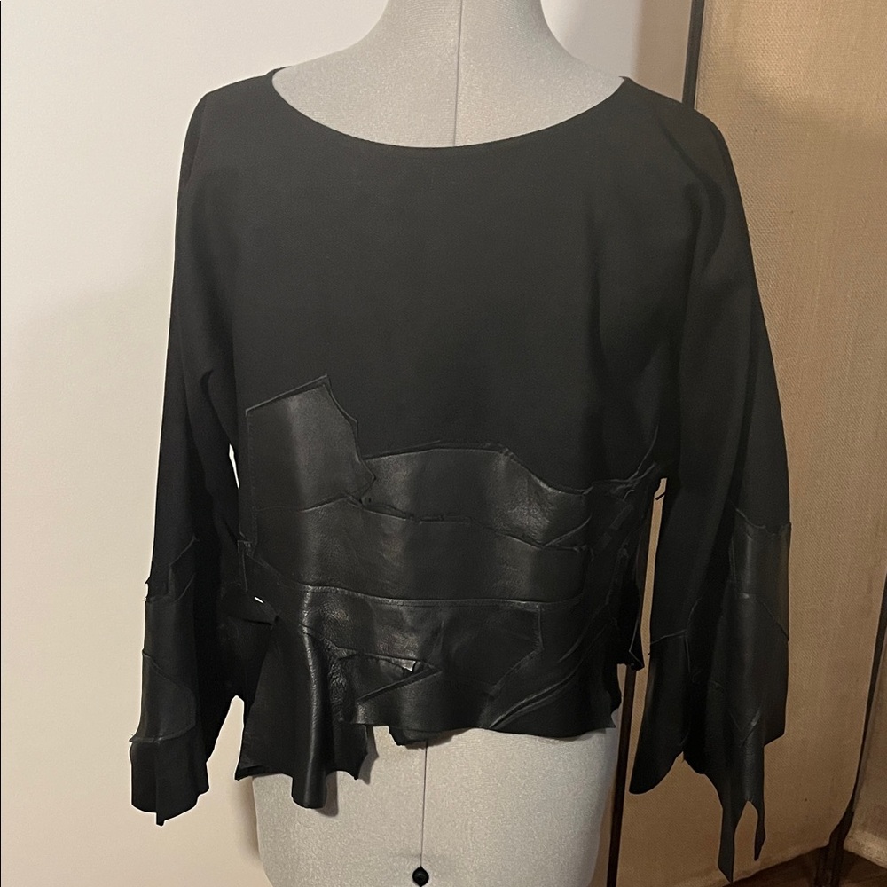 Unique Black Leather Patchwork Long Sleeve Top - image 1
